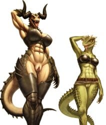 2girls abs ai_generated anthro argonian argonian_female athletic athletic_female bethesda_softworks bottomless crossover exited fallout female female_deathclaw female_only horns ineffective_clothing leather_bra leather_clothing microskirt miniskirt muscular muscular_female no_panties pussy pussy_juice rataddict scalie size_difference skirt tail take_your_pick tatters the_elder_scrolls tongue_out unconvincing_armor