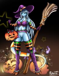 1girls big_breasts blizzard_entertainment blue_skin draenei eviane halloween original_character pussy pyrista solo thick_thighs warcraft white_hair wide_hips witch_hat world_of_warcraft