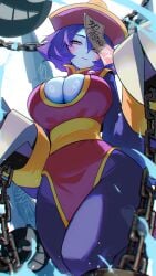 1girls :3 blue_skin blush breasts capcom chinese_clothes cleavage clothed clothing darkstalkers female hat hi_res hizake hsien_ko huge_breasts jiangshi kashu_(hizake) large_breasts lei-lei lei_lei looking_at_viewer naughty_face purple_hair smile thick_thighs thighs wide_hips