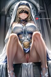 ai_generated bangs bare_legs bare_shoulders black_blindfold blindfold blonde_hair blush breasts choker closed_mouth dress edosynf facing_viewer female goblin_slayer habit high_heels highres jewelry large_breasts legs long_hair looking_at_viewer necklace no_panties pubic_hair pussy sitting smile solo spread_legs sword_maiden_(goblin_slayer) thighs white_dress white_footwear