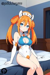 ai_generated bare_shoulders bed blue_eyes blush breasts cleavage cleavage_cutout clothing_cutout covered_navel elbow_gloves female gloves hair_between_eyes indoors leotard long_hair looking_at_viewer medium_breasts neptunia_(series) on_bed orange_hair orange_heart pikkiwynn power_symbol sitting solo symbol-shaped_pupils twintails uzume_tennouboshi white_gloves white_leotard