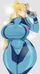 1girls big_breasts blonde_hair blue_bodysuit blush blushing bodysuit breasts busty cameltoe curvaceous curvy curvy_body curvy_female curvy_figure female green_eyes gun handgun huge_breasts large_breasts long_hair metroid ponytail samus_aran solo solo_female thick_thighs thighs voluptuous wide_hips yatagarasu_000 zero_suit_samus