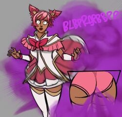 1girls dark-skinned_female dark_skin fart fart_cloud league_of_legends lolotron6 looking_at_viewer panties pink_hair pink_panties shocked star_guardian_series star_guardian_taliyah taliyah thighhighs unusual_fart upskirt