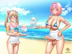 2023 2futas apron artist_signature balls ballsack bar_censor beach big_breasts big_penis bikini bikini_top_only blonde_hair blue_bikini blue_eyes blue_sky blush bottomless breasts censored clothed clothing cum cum_on_food daisy_mitsumata dated day erection food foreskin foreskin_folds futa_only futanari grin hairband highres holding holding_tray horny human ice_cream intact large_breasts large_penis light-skinned_futanari light_skin long_hair looking_at_viewer marimu_(daisy_mitsumata) mitama_(daisy_mitsumata) mostly_nude multiple_girls noseless original outdoors partially_retracted_foreskin penis pink_hair purple_hairband retracted_foreskin scrotum shaved_ice short_hair sky small_breasts smile standing swimsuit testicles textless_version toony tray twintails uncut veiny_penis water white_apron white_bikini