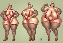 aureola blonde_hair eric_logan_iii huge_ass huge_breasts latex_sleeves light-skinned_female nipples obese obese_female overweight_female progression scarlet_lady superheroine superheroinecomixxx tagme