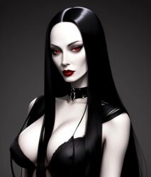 ai_generated black_hair collar grey_skin long_hair morticia_addams red_eyes red_lipstick sexy.ai the_addams_family