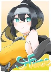 1girls big_breasts black_hair duel_monster erizatta0045 female kunoichi ninja s-force_rappa_chiyomaru turquoise_eyes yellow_clothing yellow_hair yu-gi-oh!