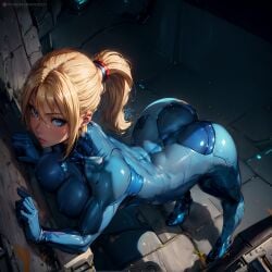 1girls against_wall ai_generated ass bending_forward bending_over blonde_hair blue_bodysuit blue_eyes bodysuit breasts from_above inviting_to_sex looking_at_viewer metroid ponytail samus_aran skin_tight skizzen standing