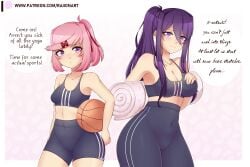 2girls big_breasts breasts different_breast_sizes doki_doki_literature_club female female_only leggings medium_support_(meme) multiple_girls natsuki_(doki_doki_literature_club) pink_hair purple_eyes purple_hair raionart shorts sports_bra sportswear text tight_clothing tight_fit tight_leggings tight_pants yuri_(doki_doki_literature_club)