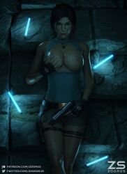 1girls 3d 3d_(artwork) 3dx big_breasts blender_(software) blender_cycles brown_eyes brown_hair brunette_hair cave embracer_group female fingerless_gloves gun high_resolution highres lara_croft lara_croft_(survivor) leotard leotard_pull light_stick looking_at_viewer nipple_piercing nipples nose_piercing pistol shorts solo solo_female solo_focus squeezing squeezing_breast sweat sweatdrop sweating tattoo tattoo_on_legs tattoos tomb_raider tomb_raider_(survivor) zodros