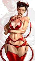 1girls abs artist_name asian asian_female ass bare_shoulders big_ass big_breasts black_hair capcom chun-li cleavage cosplay demon_girl demon_horns earrings fake_horns hibren horns large_breasts looking_at_viewer navel red_eyes sideboob signature smile solo spiked_bracelet street_fighter street_fighter_6 succubus tail thighhighs tongue_out wide_hips