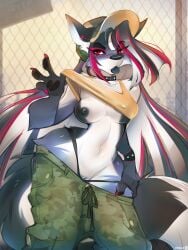 anthro breasts canid canine clothed clothing female fur genitals grey_body grey_fur hi_res mammal nipples pussy red_eyes solo spirale tail tongue tongue_out