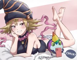 1girl 1girls bed blush blushing duel_monster female female_only gagaga_girl hat laying laying_on_stomach looking_at_viewer necklace panties short_hair smile smiling striped_panties unnunal_(unneonal) yu-gi-oh!