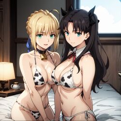2girls ai_generated artoria_pendragon bikini blonde_hair blue_eyes cow_print cow_print_bikini fate/stay_night fate_(series) female green_eyes hair_ribbon large_breasts looking_at_viewer saber sitting stable_diffusion tohsaka_rin twintails