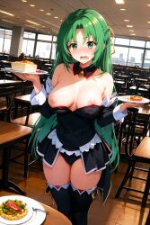 07th_expansion ai_generated angel_mort_uniform ap2-ai-artist big_breasts blush breasts embarrassed female green_eyes green_hair hi_res high_resolution higurashi_no_naku_koro_ni large_breasts long_hair maid_uniform nipple_slip nipples shion_sonozaki waitress