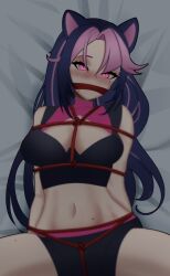 1girls animal_ears bed blue_hair blush female_only highres latam_virtual_youtuber long_hair looking_at_viewer miniskirt mole n4hkz open_legs pink_eyes pink_hair rope rope_bondage shura_hiwa two_tone_hair virtual_youtuber vjin vtuber vtuberfanart