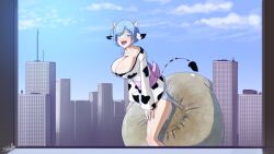 blue_eyes blue_hair cow_horns cow_tail diaper diaper_fetish giantess horns huge_breasts hypermess hyperscat messy_diaper public_diaper_messing scat sketchmandl tail