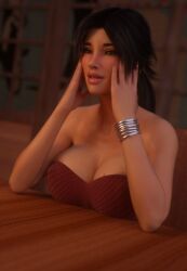 1girls 3d 3d_model big_breasts black_hair caroline_(milfy_city) cleavage dress female female_only huge_breasts icstor milf milfy_city ponytail solo