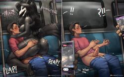 1boy 1girls anthro big_ass big_breasts black_hair breast_sucking breastfeeding breastfeeding_during_sex cowgirl_position dat_ass dialogue fat_ass furry hands_on_ass human_on_anthro invisible_partner monster_girl public public_sex scp-1471 scp-1471-a scp_foundation sucking_nipples vaginal_penetration whisperfoot