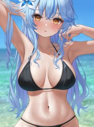 1girls 2022 absurdres bikini black_bikini black_bikini_top blue_hair blue_sky blush breasts colored_tips day ebihurai_(hotarun1611) female flower hair_flower hair_ornament highres hololive hololive_gen_5 hololive_japan large_breasts light-skinned_female light_skin long_hair looking_at_viewer multicolored_hair navel ocean outdoors pointy_ears sky solo streaked_hair swimsuit two-tone_hair virtual_youtuber wet yellow_eyes yukihana_lamy