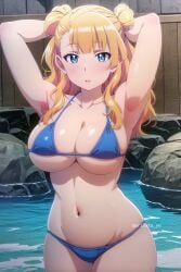 1girls ai_generated armpits arms_behind_head big_breasts bikini blonde_hair blue_bikini blue_eyes busty cleavage double_bun female female_only galko large_breasts legs navel oshiete!_galko-chan pool pose posing sensual sexy_armpits solo swimsuit thighs water