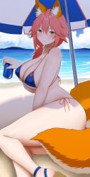 1girls absurdres animal_ear_fluff animal_ears arind_yudha bare_arms bare_shoulders beach bikini blue_bikini blue_sky breasts can cleavage closed_mouth cloud cloudy_sky commentary fate/grand_order fate_(series) female fingernails fox_ears fox_girl fox_print fox_tail hair_between_eyes highres holding holding_can huge_breasts legs light_smile lips looking_at_viewer ocean orange_trim outdoors parasol pink_hair sand side-tie_bikini_bottom sky solo swimsuit tail tamamo_no_mae_(fate) tamamo_no_mae_(swimsuit_lancer) thighs umbrella yellow_eyes