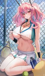 1girls azur_lane big_breasts blush bremerton_(azur_lane) bremerton_(scorching-hot_training)_(azur_lane) cleavage eagle_union_(azur_lane) female female_only light-skinned_female midriff necklace pink_eyes pink_hair red_eyes skirt sweat sweatband tansuan_(ensj3875) tennis_uniform twintails underboob