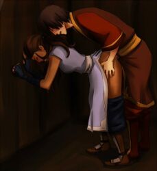 1boy 1girls armor avatar_legends avatar_the_last_airbender beanaroony bending_over clothed_sex doggy_style fanon_couple female fingerless_gloves fire_nation from_behind from_behind_position human katara male male/female pants_down royalty scar sex water_tribe zuko