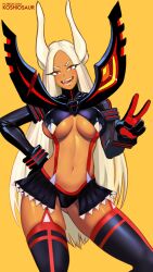 1girls ass_visible_through_thighs big_breasts breasts cosplay crossover_cosplay dark-skinned_female dark_skin kill_la_kill koshio matoi_ryuuko_(cosplay) miruko my_hero_academia rabbit_ears red_eyes rumi_usagiyama senketsu senketsu_(cosplay) solo tan-skinned_female tan_body tan_skin thighs tongue tongue_out underboob v white_hair