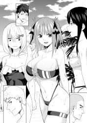 3boys 3girls bandeau beach bikini breast_envy breasts butterfly_hair_ornament cleavage collarbone commentary_request go-toubun_no_hanayome greyscale hair_ornament hair_ribbon highleg highleg_bikini highres huge_breasts jealous kosmos_beta long_hair looking_at_another looking_at_breasts medium_hair monochrome multiple_boys multiple_girls nakano_nino navel no_sex one-piece_swimsuit outdoors paid_reward_available ribbon short_hair sky small_breasts swimsuit thigh_strap two_side_up