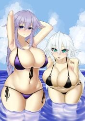 2girls armpits arms_up bikini black_heart blue_eyes blush goddess in_water large_breasts long_hair looking_at_viewer neptune_(neptunia) neptunia_(series) noire open_mouth polyester purple_hair purple_heart_(neptunia) smile thick_thighs white_hair