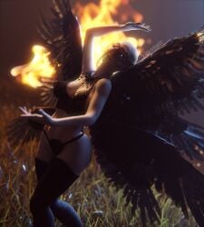 1girls 3d black_lace black_lingerie black_panties black_wings bra capcom feathered_wings female fire fit_female glowing_eyes grass grey_hair human lace legwear light-skinned_female light_skin lingerie mask mother_miranda_(resident_evil) multi_wing night outside panties resident_evil resident_evil_8:_village slender_body spread_wings venetian_mask vexonair watermark white_hair wings