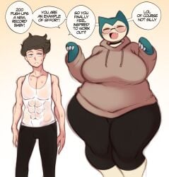 1boy 1girls bbw breasts busty chubby cute dialogue english_text female generation_1_pokemon glasses hi_res hips huge_breasts human human_male interspecies male massive_breasts nintendo pokémon_(species) pokemon pokephilia saltyxodium snorlax thick_thighs thighs voluptuous wide_hips