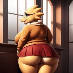 1girls 2020s 2023 ai_generated alphys anthro anus ass big_ass bottomless_skirt chubby chubby_female cosplay curvy deltarune female female_only frosting.ai glasses hanna-barbera huge_breasts lizard lizard_humanoid looking_back monster_girl pussy rear_view scalie scalie_humanoid scalieton scooby-doo self_upload short_skirt thick_thighs undertale undertale_(series) vagina velma_dinkley velma_dinkley_(cosplay) voluptuous wide_hips yellow_body