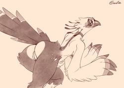 1girls anthro ass avian beak biped bird eyeshadow eyewear feathers female furry fursona genitals glasses goolee looking_back monochrome original original_character pussy rear_view secretary_bird solo