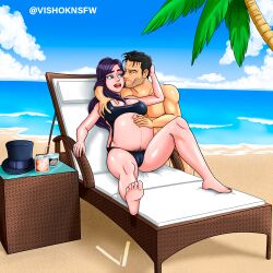 1boy 1girls batman_(series) beach belly big_belly big_breasts bikini black_hair breast_grab breasts bruce_wayne cameltoe cleavage dc dc_comics female justice_league pregnant pregnant_belly pubic_hair pubic_hair_peek vishoknsfw zatanna