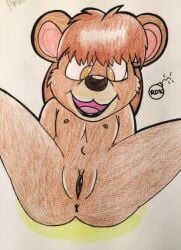 ambrosia anthro anus bear brown_eyes butt furry furry_only legs_apart long_hair open_mouth pussy reddragonkan smile traditional_media_(artwork) ursid