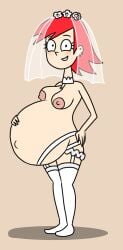 1girls belly big_belly blush breasts cartoon_network disproportional female foster's_home_for_imaginary_friends frankie_foster garter_straps hand_on_belly hyper_belly nipples pregnant red_hair smog1 solo wedding_dress