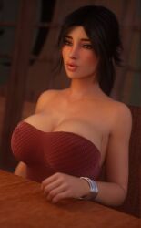 1girls 3d 3d_model big_breasts black_hair caroline_(milfy_city) cleavage dress female female_only huge_breasts icstor milf milfy_city ponytail solo