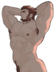 armpit_hair balls bara beard facial_hair fate_(series) hands_behind_head hrio iskandar_(fate) looking_at_viewer male male_only muscles muscular nude pecs penis red_hair solo solo_male