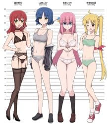 4girls adidas blue_eyes blue_hair bocchi_the_rock! boots bored caststation female female_only gotou_hitori green_eyes heels height_chart ijichi_nijika information kita_ikuyo lingerie long_hair medium_breasts multiple_girls pink_hair red_eyes red_hair short_hair small_breasts stockings weight worried yamada_ryou yellow_hair