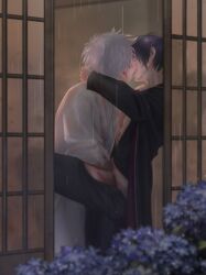 2boys aged_down blood_stain closed_eyes detailed_background gay gintama gintoki_sakata hand_in_pants hand_under_clothes intimate japanese_clothes kissing kota_tw00 male male_only official_alternate_costume purple_hair raining romantic romantic_ambiance samurai shouji takasugi_shinsuke teen_boy teenager white_hair yaoi