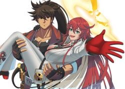 aassddff big_breasts clothing couple green_eyes guilty_gear guilty_gear_strive holding jack-o'_valentine looking_at_another muscles smile sol_badguy