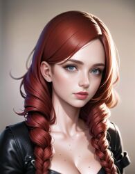 ai_generated blue_eyes cleavage clothed female freckles irish leather_jacket plait portrait red_hair