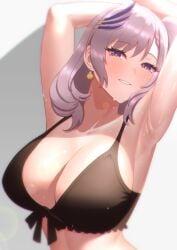 1girls 2020s 2023 aqua_eyes armpits arms_up bikini bikini_top black_bikini black_bikini_top black_bra bra breasts cipher4109 cleavage earrings feather_hair_ornament feathers female grin hair_ornament highres hololive hololive_indonesia hololive_indonesia_holoro jewelry large_breasts looking_at_viewer pavolia_reine purple_hair smile solo sweat underwear upper_body virtual_youtuber