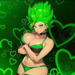 1girls ai_generated arms_crossed_under_breasts cleavage dragon_ball dragon_ball_oc female female_saiyan green_eyes green_hair green_lingerie heart heart_background huge_breasts lingerie looking_at_viewer smiling smiling_at_viewer stoney_(oc)