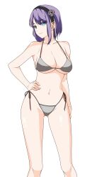 1girls bikini blue_eyes breasts cameltoe cleavage confident dagashi_kashi grey_bikini hair_ornament hairband hand_on_hip highres large_breasts long_hair looking_at_viewer navel pose posing purple_hair sensual shidare_hotaru short_hair side-tie_bikini_bottom smile solo standing string_bikini swimsuit thigh_gap thighs voluptuous