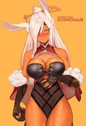 1girls abs alcohol beidou_(genshin_impact) big_breasts blush breasts cleavage cosplay crossover_cosplay dark-skinned_female dark_skin eyepatch genshin_impact koshio miruko my_hero_academia rabbit_ears red_eyes rumi_usagiyama solo tan-skinned_female tan_body tan_skin thighs white_hair