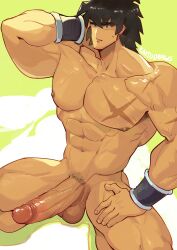 abs balls bara_tiddies bara_tits big_pecs body_scar broly broly_(dragon_ball_super) chest_scar dark_hair dragon_ball dragon_ball_super hand_behind_neck hand_on_thigh huge_cock kaito_draws kneeling_on_ground large_penis male male_focus male_nipples male_only muscular_arms muscular_male muscular_thighs pubic_hair seiza serratus serratus_anterior solo solo_male testicles trapezius v-line wristband