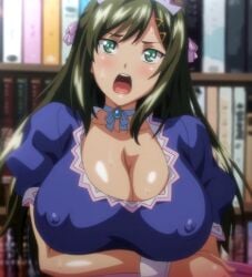 1girls accurate_art_style anime_screencap areolae breasts bunnywalker clothing erect_nipples erection_under_clothes green_eyes green_hair kizuno_hitomi large_breasts nipples open_mouth ova screencap screenshot sweatdrop t-rex_(animation_studio) t-rex_(company) tsundero